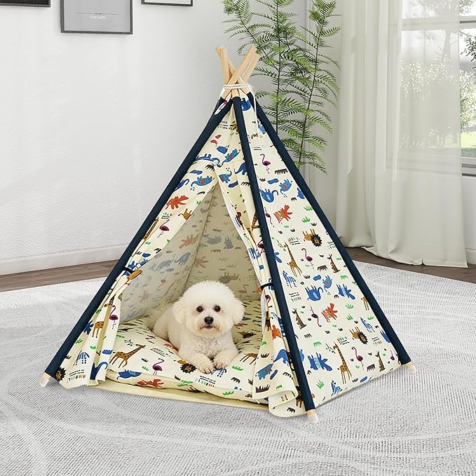 Pet Tent/Tipi for Cats & Dogs - Washable Canvas, Foldable Pet Teepee with Anti-Slip Base & Detachable Cushion | Indoor/Outdoor Safe Shelter for Pets-Zoo-L