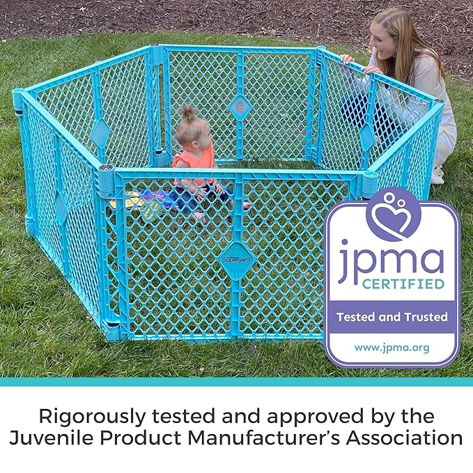 Toddleroo by North States - Superyard Baby Play Yard: Freestanding 6 Panel Baby Playpen - Indoor or Outdoor Use - Made in USA - Encloses Up to 18.5 Square Feet - 26 Inches Tall - Aqua