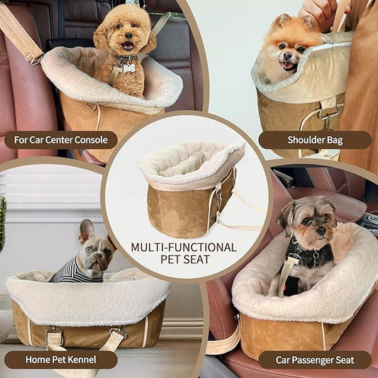 Johnear Puppy Dog Booster Seat for Small Dog up to 28 lbs Outing Car Travel, 3 in 1 Portable Pet Handbag Sofa Dogs Car Center Console Seats Winter Warm Pet Carrier with Safety Belt for Passenger Seat