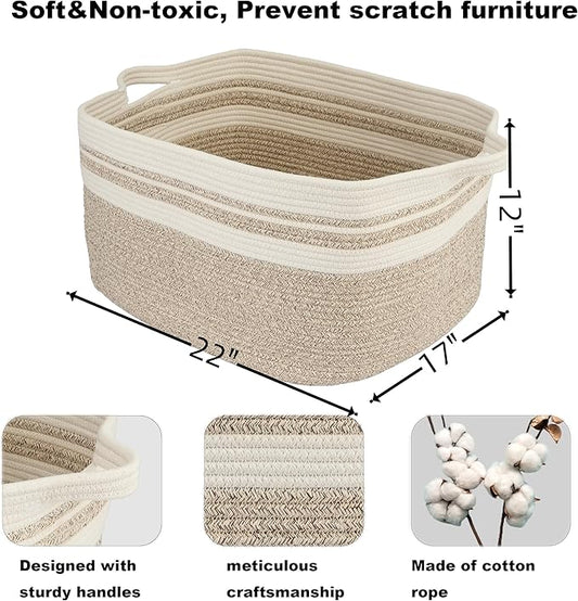 Large Rectangle Blankets Basket Living Room 22"x17"x12" Woven Cotton Rope Storage Baskets for Nursery Toy Baskets for Kids Wicker Laundry Basket Bin for Clothes Towels white brown