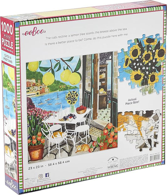 eeBoo 1000 Piece Puzzle - Cats in Positano Jigsaw Puzzle for Adults, Square 23" x 23" Made with Recycled Board & Vegetable-Based Ink
