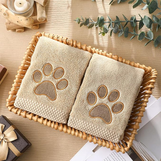 2 Pcs Dog Paw Hand Towels Bathroom Decor 13 x 29 Inch 100% Cotton Embroidered Soft Hand Towels Absorbent Farmhouse for Kitchen Restroom (Brown)