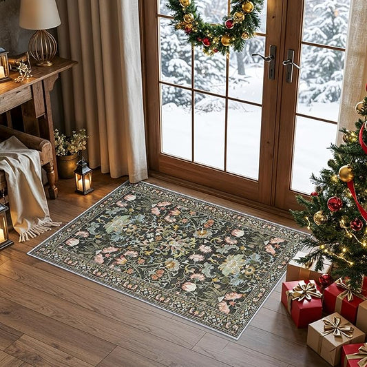 Washable 2x3 Entryway Area Rugs: Vintage Soft Floral Thin Doormat with Non Slip Backing Water Resistant Bathroom Laundry Rug for Kitchen Indoor Carpet for Bedroom Low Pile Floor Mat (2x3,Green)