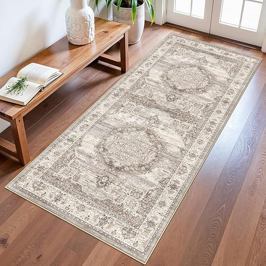 Washable 3x6 Hallway Runner Rug: Vintage Water Resistant Kitchen Entryway Rug Ultra Soft Living Room Bedroom Carpet with Non Slip Backing Indoor Low Pile Floor Mat for Bathroom Dining Room(3x6,Beige)