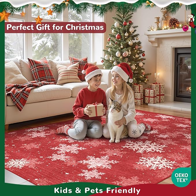 2x6 Runner Rug Non Slip for Entrance, Washable Christmas Kitchen Rugs, Ultra-Thin Snowflake Bathroom Rug Runner, Soft Red and White Christmas Decor Indoor(2'x6', Red/White)
