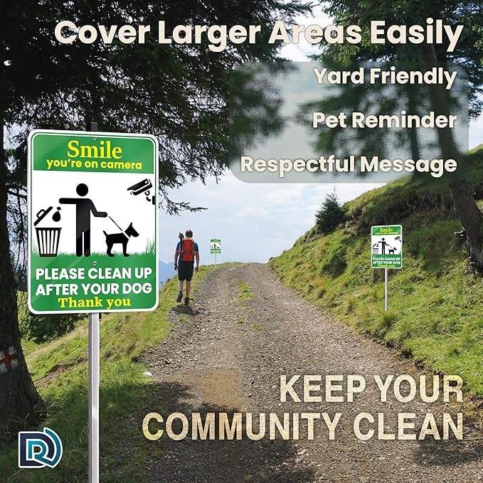 Clean Up After Your Dog Signs, Smile Youre on Camera Signs, 10 x 13 Inch Reflective Aluminum Outdoor Yard Signs with 28 Inch Metal Stake, 3 Pack