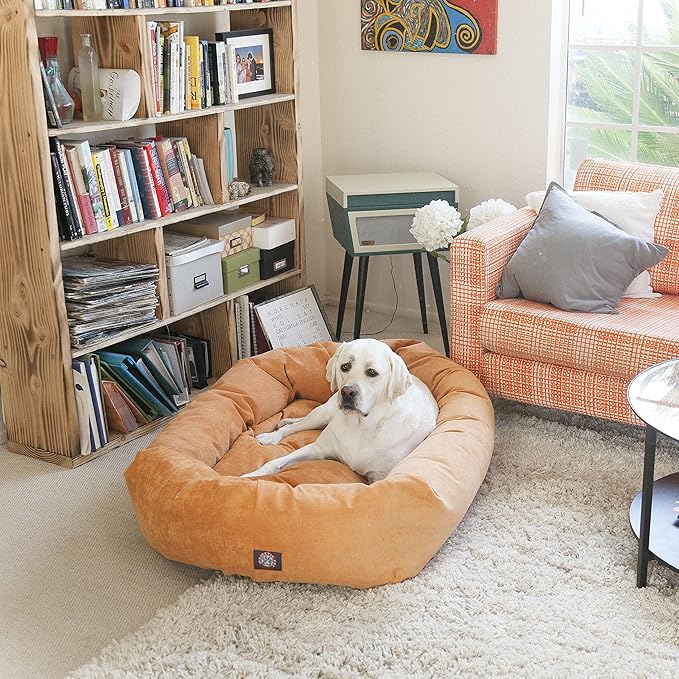 Majestic Pet 32 Inch Micro Velvet Calming Dog Bed Washable – Cozy Soft Round Dog Bed with Spine for Head Support - Fluffy Donut Puppy Mat 32x23x7 (inch) Medium – Orange