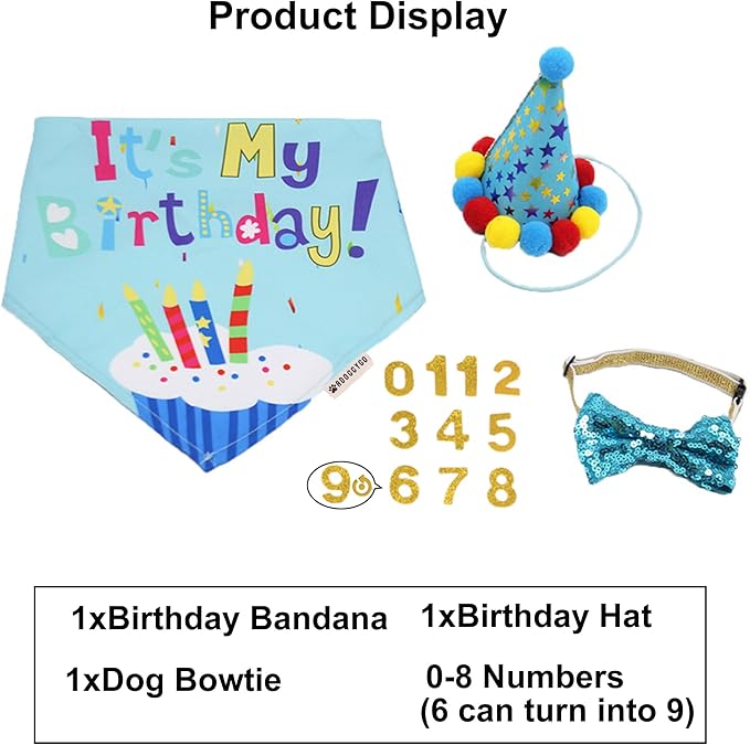 ADOGGYGO Dog Birthday Bandana Scarf and Blue Boy Pet Birthday Party Hat with Cute Bow Tie for Extra Large Dog Pet (X-Large)