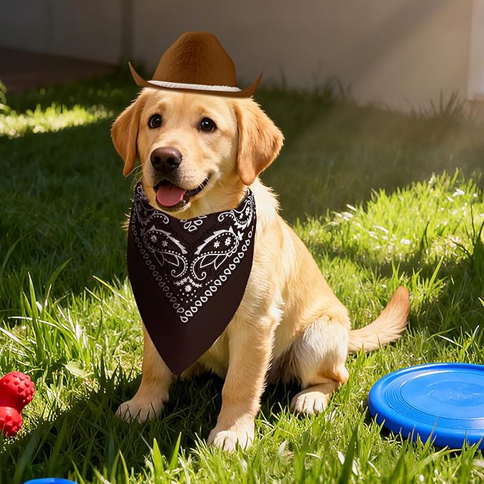choyaxo Dog Cowboy Hat Dog Cowboy Costume for Small Pet Dogs Cat Cowboy Hat with Bandana Scarf Set Party Accessories (Brown, Large)