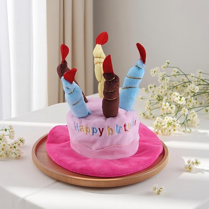 Cute Pet Party Hat for Dogs&Cats - Soft Fluffy Birthday Cap with 5 Color Candles (Blue), Adjustable Strap for Halloween,Costume&Photo Shoots,Fits Small to Large Pets,Washable&Comfortable ๏ปฟ (Pink)