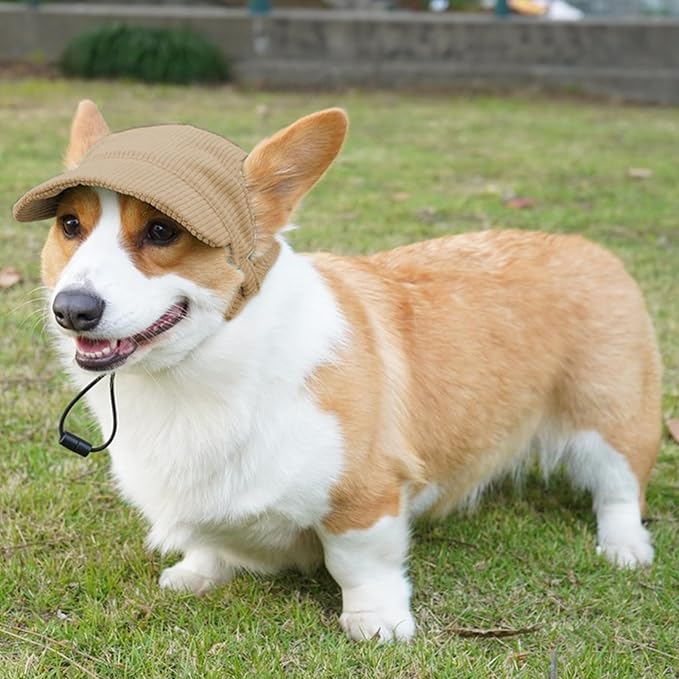 Dog Baseball Cap, Dog Cat Summer Beach Visor Hat with Ear Holes, Adjustable Puppy Sunbonnet Headdress (Brown, Large)