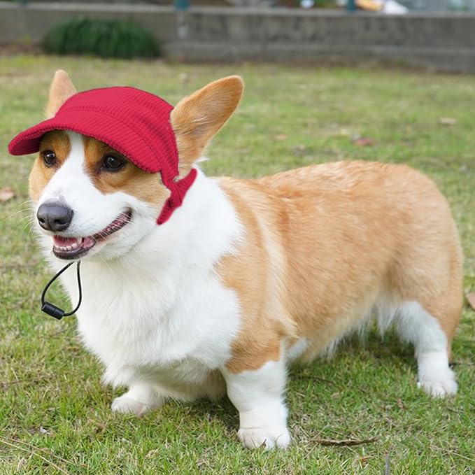 Dog Baseball Cap, Dog Cat Summer Beach Visor Hat with Ear Holes, Adjustable Puppy Sunbonnet Headdress (Red, Large)
