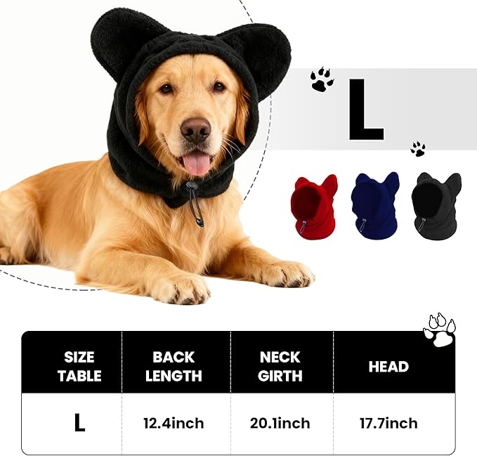 Dog Snood Winter Hood with Ear Protection, Fleece Neck Warmer for Dogs, (Black, Large)