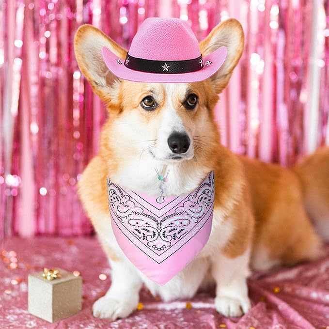 GOYOSWA Dog Halloween Costumes, Dog Cowboy Costume Halloween Pet Cowboy Hat Bandana Scarf for Small Medium Large Dogs Pets (Pink Hat & Pink Bandana, Large)