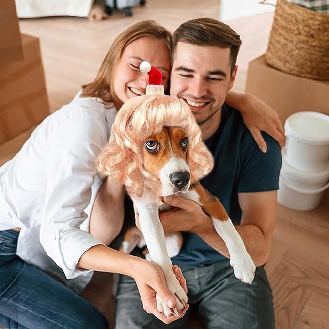 HOWWFALY Dog Costume Long Blonde CurlyWigs with Small Red Christmas Hat StylingCute Funny Pet Costumes AccessoriesDecoration for Halloween, Christmas, Parties