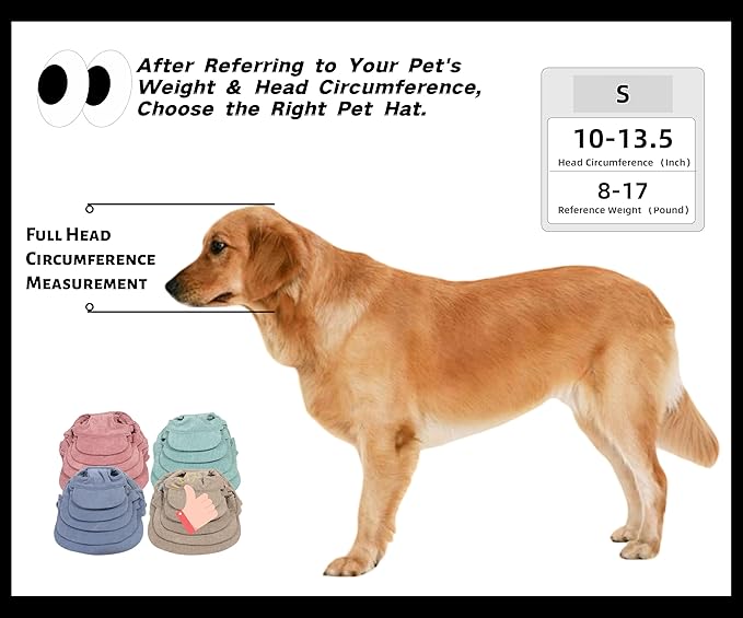 Pet Baseball Cap with Ear Holes - Multi-Color Sun Visor Hat for Dogs & Cats, Summer & Fall Beach Headwear for Puppies & Kittens (Khaki, S)