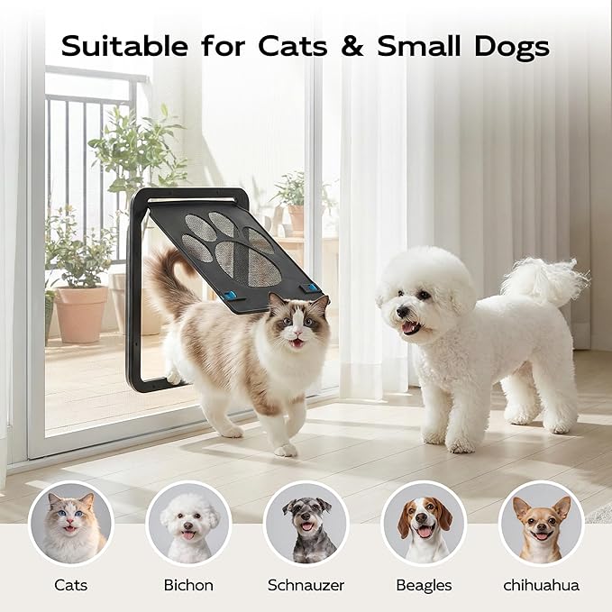 PetPrime Cat Door for Screen Door with Flap Opening 8×10 inches,Lockable Auto-Close Magnetic Pet Door for Cats & Small Dogs,Suitable for Sliding Screen Door,Easy Install,Small