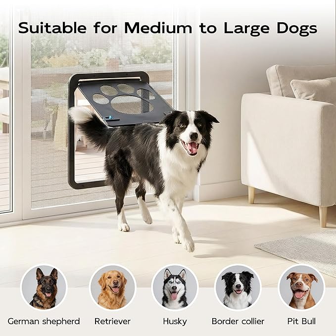 PetPrime Dog Door for Screen Door with Flap Opening 12×14 inches,Lockable Auto-Close Magnetic Large Pet Door for Dogs,Suitable for Sliding Screen Door,Easy Install,Large