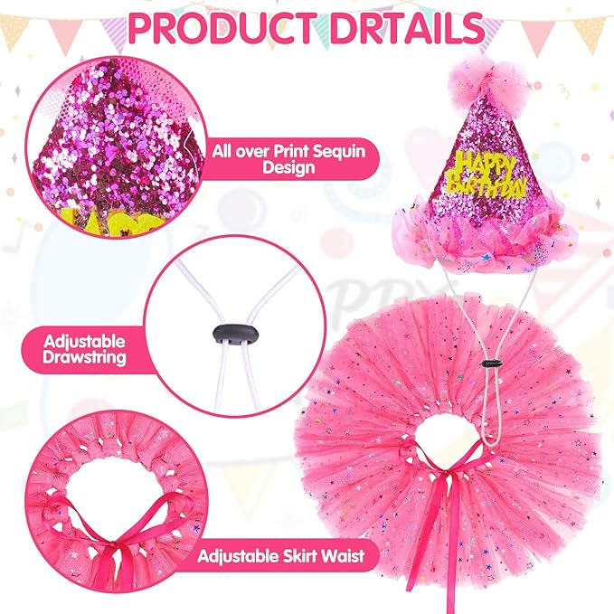 SCENEREAL Dog Birthday Bandana with Hat and Dress Girl Set, Large Dog Birthday Party Supplies, Cute Tutu Skirt Outfit for Medium Big Dogs, Rose Red XL