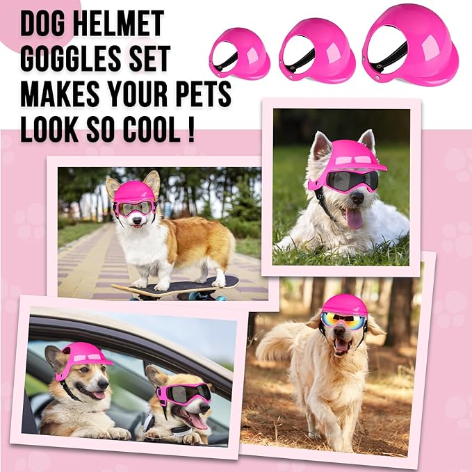 SlowTon Dog Helmet and Goggles - UV Protection Doggy Sunglasses Dog Glasses Pet Motorcycle Helmet Hat with Ear Holes Adjustable Belt Safety Hat for Small Medium Large Dogs Puppy Riding (Pink, S)