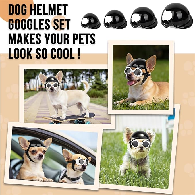 SlowTon Dog Helmet and Goggles - UV Protection Doggy Sunglasses Dog Glasses Pet Motorcycle Helmet Hat with Ear Holes Adjustable Belt Safety Hat for Small Medium Large Dogs Puppy Riding (Black, XS)