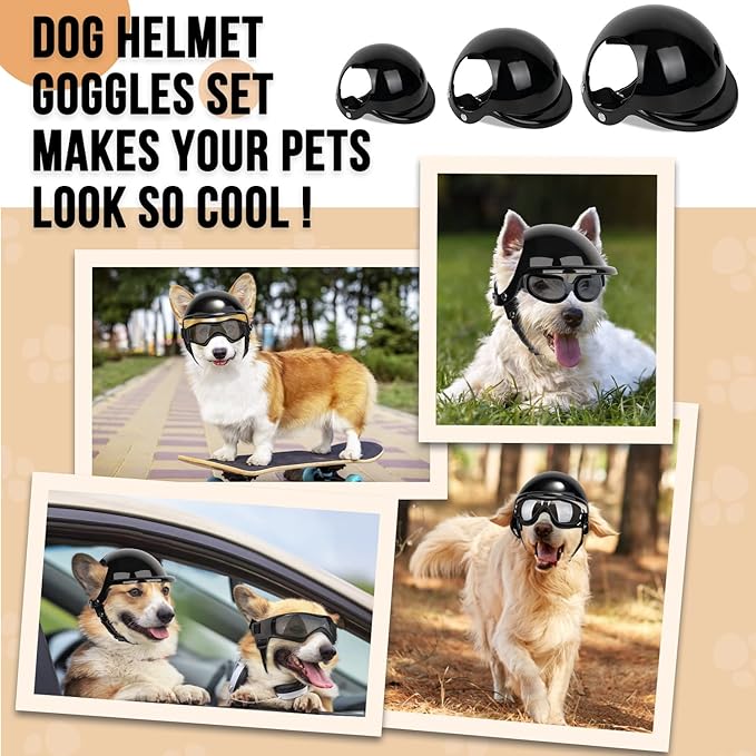 SlowTon Dog Helmet and Goggles - UV Protection Doggy Sunglasses Dog Glasses Pet Motorcycle Helmet Hat with Ear Holes Adjustable Belt Safety Hat for Small Medium Large Dogs Puppy Riding (Black, L)
