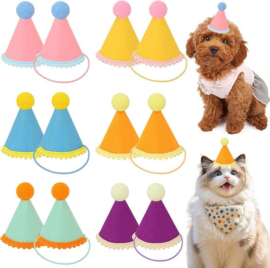 12 Pack Mini Party Hats for Stuffed Animals, Birthday Party Cone Hats, Rainbow Themed Felt Hat for Dolls Dog Cat Rabbit Puppies Assorted Animal Birthday Decorations - No Assembly Required