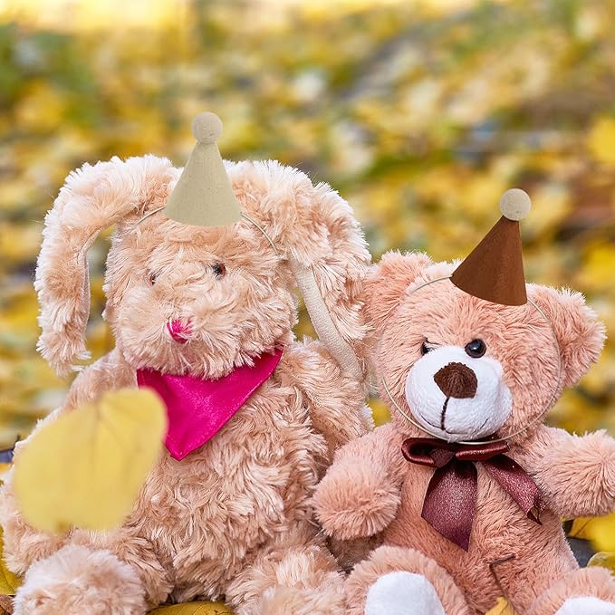 12 Pack Mini Party Hats for Stuffed Animals, Brown Mini Hats with Pom Poms for Dolls Dog Birthday Party Hats for Dog Cat Pet Birthday Decoration Boho Autumn DesignDecorations