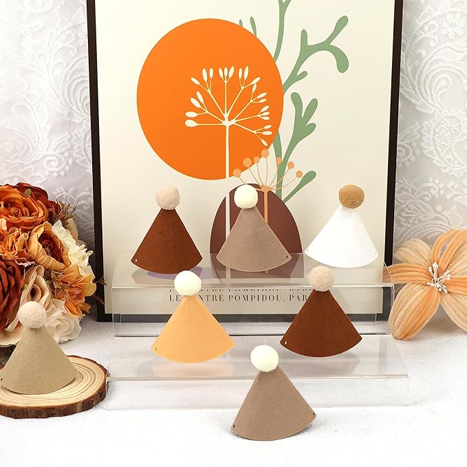 12 Pack Mini Party Hats for Stuffed Animals, Brown Mini Hats with Pom Poms for Dolls Dog Birthday Party Hats for Dog Cat Pet Birthday Decoration Boho Autumn DesignDecorations