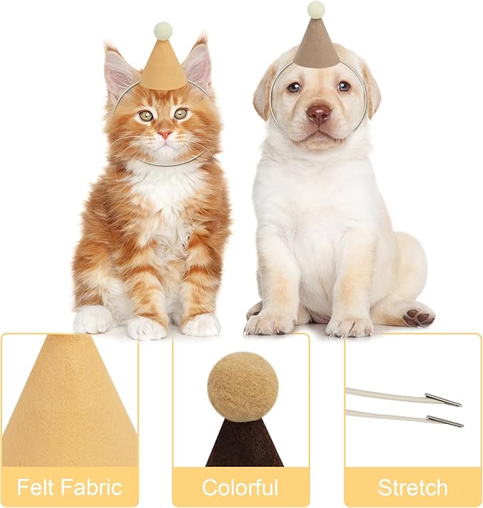 12 Pack Mini Party Hats for Stuffed Animals, Brown Mini Hats with Pom Poms for Dolls Dog Birthday Party Hats for Dog Cat Pet Birthday Decoration Boho Autumn DesignDecorations