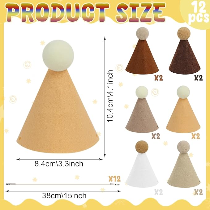 12 Pack Mini Party Hats for Stuffed Animals, Brown Mini Hats with Pom Poms for Dolls Dog Birthday Party Hats for Dog Cat Pet Birthday Decoration Boho Autumn DesignDecorations