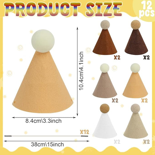 12 Pack Mini Party Hats for Stuffed Animals, Brown Mini Hats with Pom Poms for Dolls Dog Birthday Party Hats for Dog Cat Pet Birthday Decoration Boho Autumn DesignDecorations