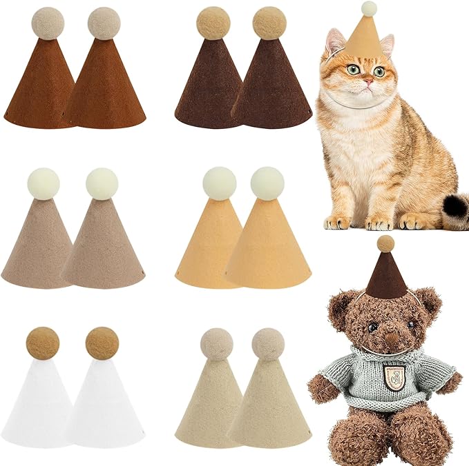 12 Pack Mini Party Hats for Stuffed Animals, Brown Mini Hats with Pom Poms for Dolls Dog Birthday Party Hats for Dog Cat Pet Birthday Decoration Boho Autumn DesignDecorations