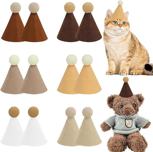 12 Pack Mini Party Hats for Stuffed Animals, Brown Mini Hats with Pom Poms for Dolls Dog Birthday Party Hats for Dog Cat Pet Birthday Decoration Boho Autumn DesignDecorations