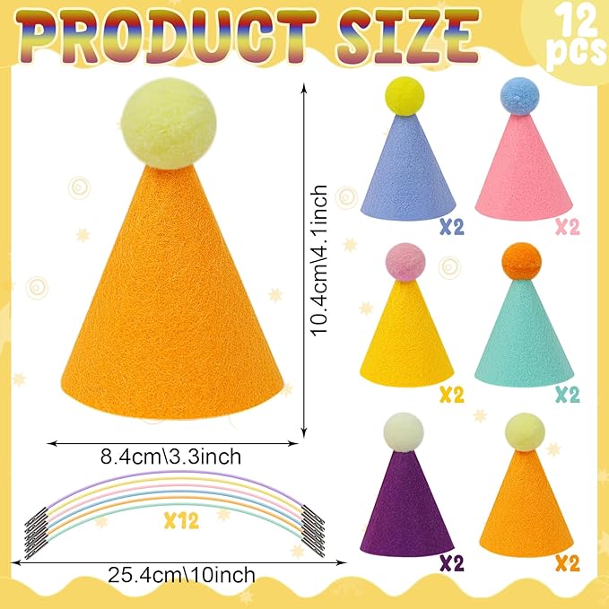 12pcs Mini Party Hats for Stuffed Animals, Birthday Party Cone Hats Dolls Dog Cat Rabbit Puppies Assorted Animal Birthday Decorations