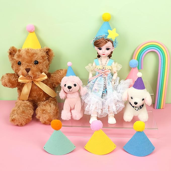 12pcs Mini Party Hats for Stuffed Animals, Birthday Party Cone Hats Dolls Dog Cat Rabbit Puppies Assorted Animal Birthday Decorations