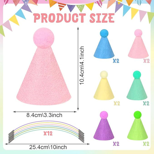 12pcs Mini Party Hats for Stuffed Animals, Macaron Hats for Dolls Dog Cat Rabbit Puppies Birthday Party Cone Hats Photo Prop