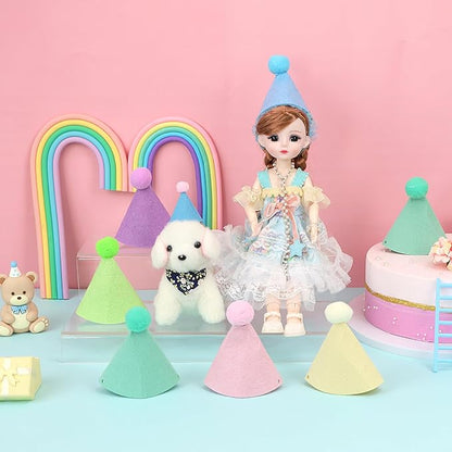 12pcs Mini Party Hats for Stuffed Animals, Macaron Hats for Dolls Dog Cat Rabbit Puppies Birthday Party Cone Hats Photo Prop