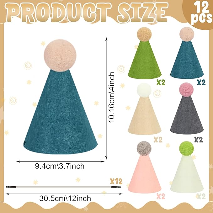 12pcs Mini Party Hats for Stuffed Animals, Morandi Hats Party for Dolls Dog Cat Rabbit Puppies Birthday Party Cone Hats Photo Prop