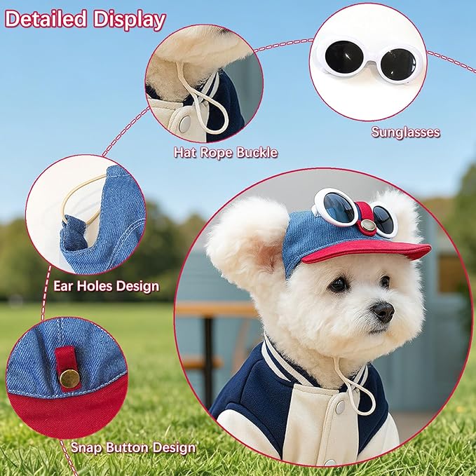 2 Pcs Pet Baseball Cap and Sunglasses, Dog Sun Hat with Ear Holes, Summer Adjustable Buckle Visor Caps for Cats, Small Medium Dogs (Red, Medium)