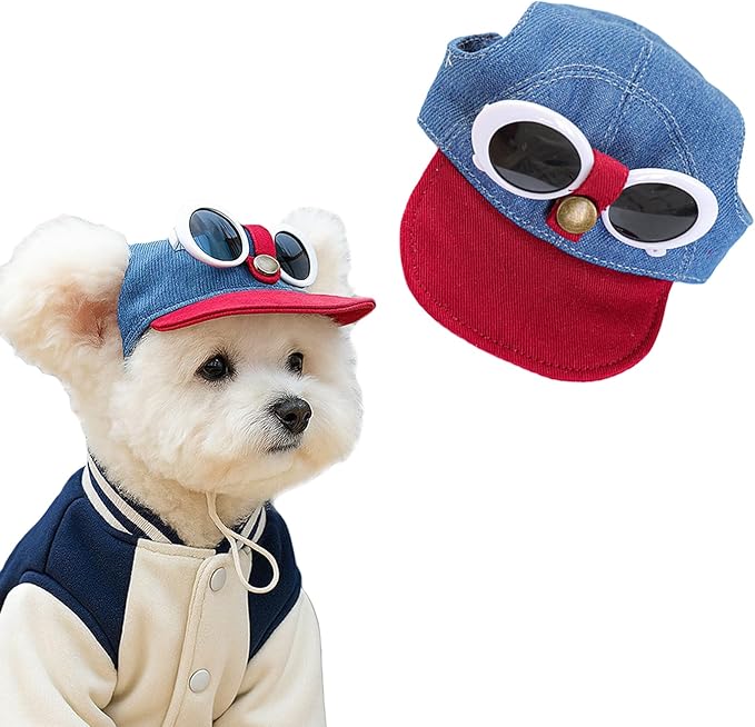 2 Pcs Pet Baseball Cap and Sunglasses, Dog Sun Hat with Ear Holes, Summer Adjustable Buckle Visor Caps for Cats, Small Medium Dogs (Red, Medium)