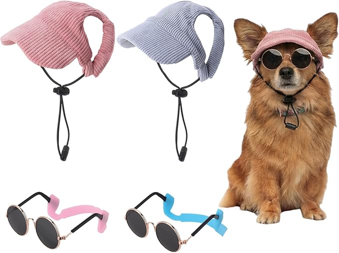 2 Set Medium Dog Baseball Hat with Ear Holes and Pet Sunglasses for Beach, Dog Baseball Cap Puppy Sun Hats for Medium Dogs (Pink, Blue)