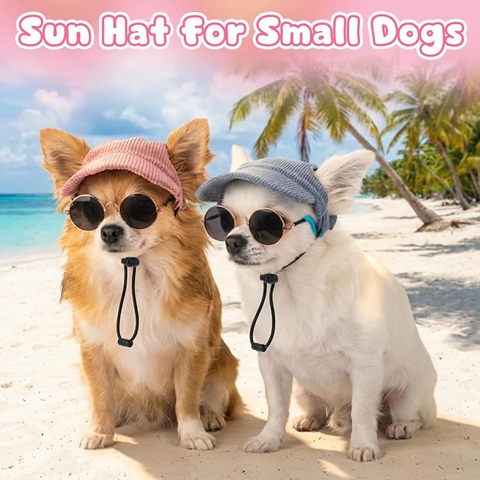 2 Set Small Dog Baseball Hat with Ear Holes and Pet Sunglasses for Beach, Dog Baseball Cap Puppy Sun Hats for Small Dogs (Pink, Blue)