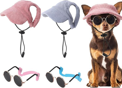 2 Set Small Dog Baseball Hat with Ear Holes and Pet Sunglasses for Beach, Dog Baseball Cap Puppy Sun Hats for Small Dogs (Pink, Blue)
