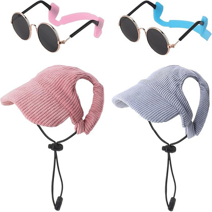 2 Set Small Dog Baseball Hat with Ear Holes and Pet Sunglasses for Beach, Dog Baseball Cap Puppy Sun Hats for Small Dogs (Pink, Blue)