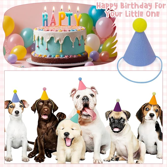24pcs Mini Party Hats for Stuffed Animals, Birthday Party Cone Hats Dolls Dog Cat Rabbit Puppies Assorted Animal Birthday Decorations