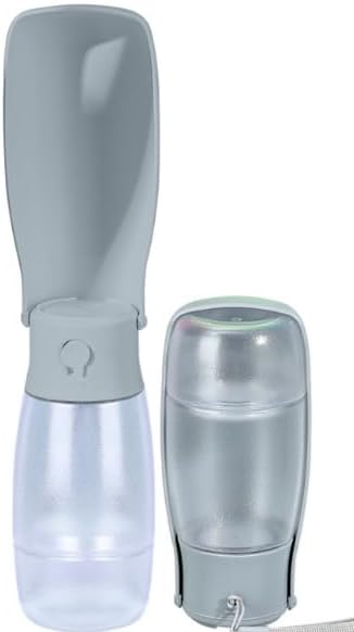 2-in-1 Foldable Pet Travel Water Bottle, Feeding Vessels for Pets, 11.8oz Water & 7oz Food Container for Dogs and Cats, Portable Leak-Proof Dispenser for Hiking, Walking & Camping Gray