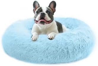 JOLLYVOGUE Calming Dog Beds Large Sized Dog, 36in Donut Washable Large Pet Bed, Anti-Slip & Anti-Anxiety Fluffy Faux Fur Round Dogs Bed, Fits up to 80 lbs Pets (Light Blue)