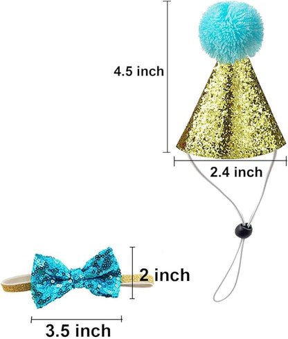 4 Pcs Cat Birthday Hat Bowtie Small Dog Hat Headband Topper Bowtie Adjustable Cute Puppy Birthday Costume Accessories for Small Medium Pets (2/Pink+Light Blue)