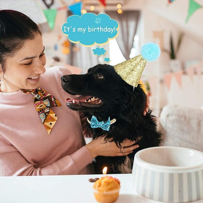 4 Pcs Cat Birthday Hat Bowtie Small Dog Hat Headband Topper Bowtie Adjustable Cute Puppy Birthday Costume Accessories for Small Medium Pets (2/Pink+Light Blue)